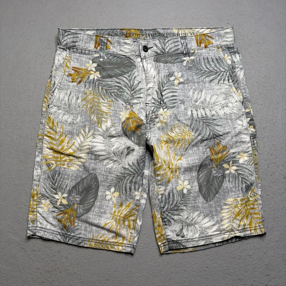 Prana Shorts Mens 34 Grey Tropical Floral Organic Cotton Stretch Flat Front